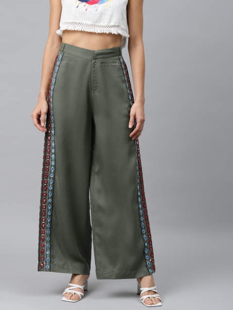 

I AM FOR YOU Women Green Loose Fit High-Rise Easy Wash Bootcut Trousers