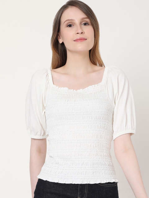 

Vero Moda White Smocked Puff Sleeves Regular Top
