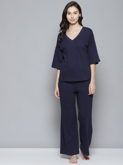 

Femella Women Navy Blue Solid Cotton Pyjama Set