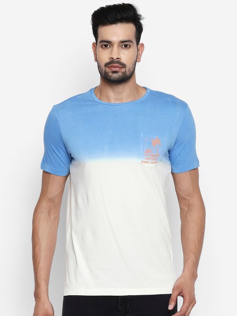 

People Men Blue & White Colourblocked Cotton T-shirt