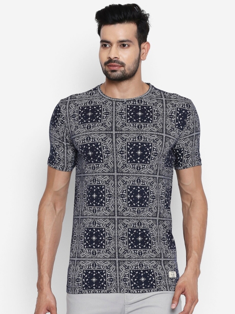 

People Men Navy Blue & White Printed Cotton T-shirt