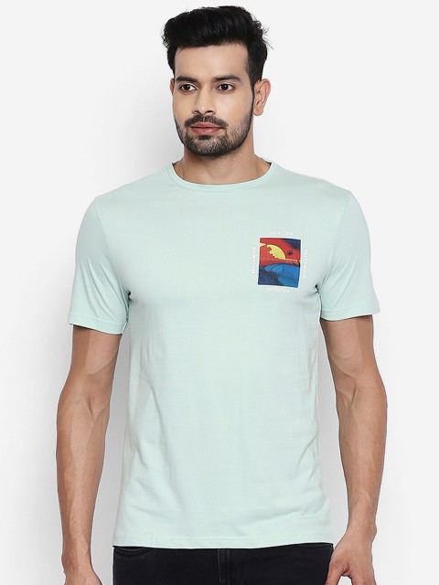 

People Men Turquoise Blue Printed Cotton T-shirt