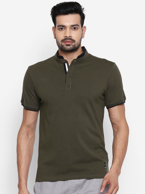 

People Men Olive Green Henley Neck Cotton T-shirt
