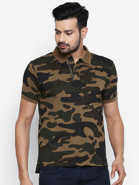

People Men Olive Green & Brown Camouflage Printed Polo Collar Cotton T-shirt