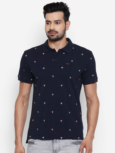 

People Men Navy Blue Printed Polo Collar Cotton T-shirt