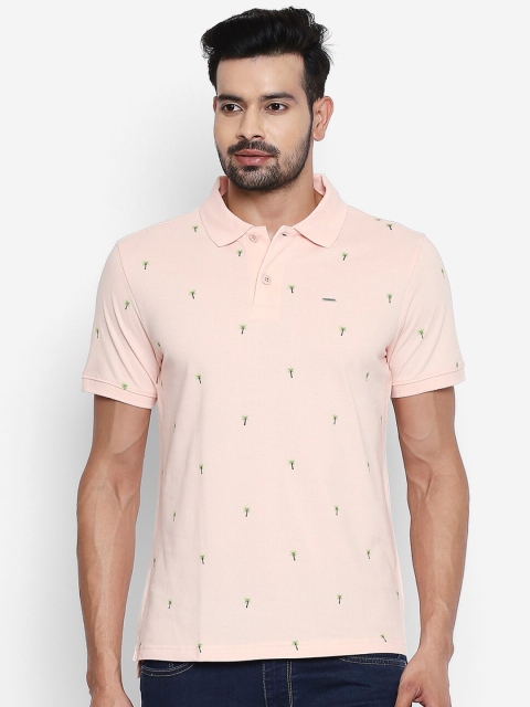 

People Men Pink Printed Polo Collar Cotton T-shirt