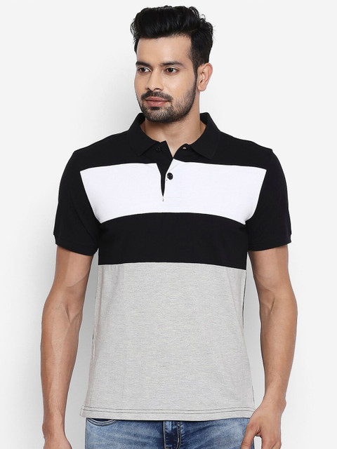 

People Men Black & Grey Colourblocked Polo Collar Cotton T-shirt