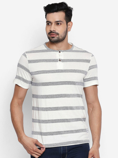 

People Men White & Grey Striped Henley Neck Cotton T-shirt