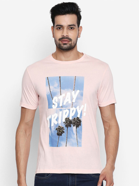 

People Men Pink Printed Cotton Pure Cotton T-shirt
