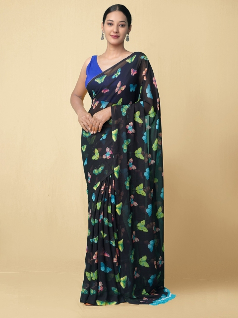 

Unnati Silks Black & Green Butterfly Printed Poly Chiffon Patola Saree