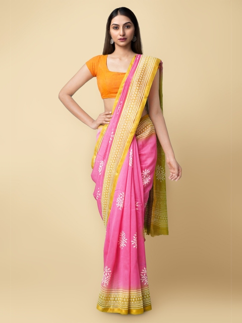 

Unnati Silks Pink & Yellow Ethnic Motifs Block Printed Silk Cotton Chanderi Saree