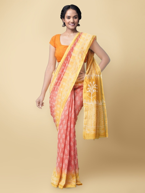

Unnati Silks Pink & Yellow Ethnic Motifs Block Printed Silk Cotton Chanderi Saree