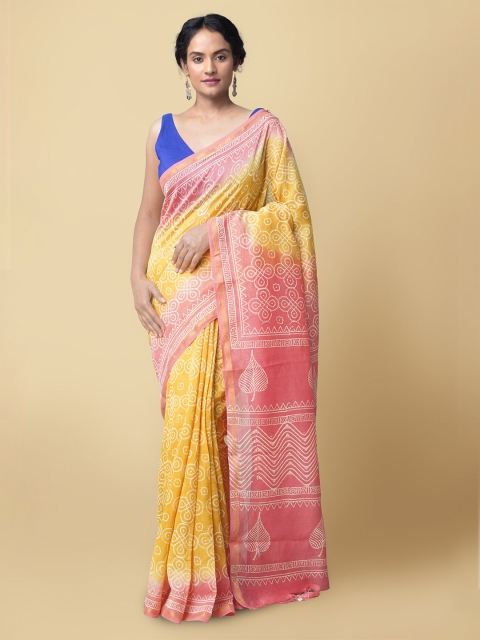 

Unnati Silks Women Yellow & Red Pure Block Printed Chanderi Sico Sustainable Saree