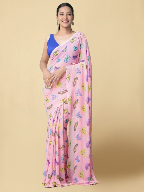 

Unnati Silks Pink Butterfly Printed Poly Chiffon Patola Saree