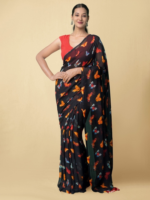 

Unnati Silks Black Butterfly Printed Poly Chiffon Patola Saree