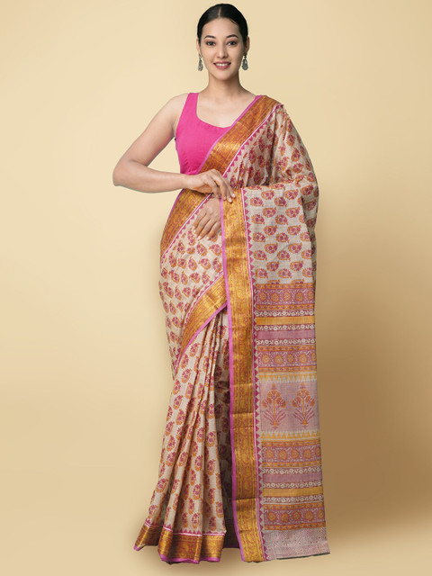 

Unnati Silks Women Beige & Pink Block Printed Kerala Jute Cotton Saree