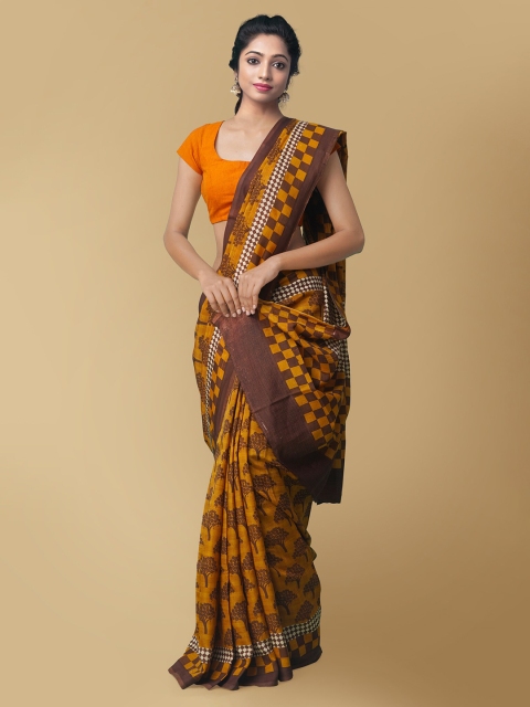 

Unnati Silks Yellow & Coffee Brown Ethnic Motifs Silk Blend Block Print Saree