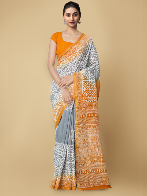 

Unnati Silks Grey & Yellow Ethnic Motifs Block Printed Silk Cotton Chanderi Saree