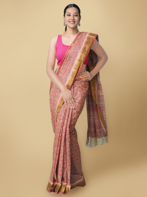 

Unnati Silks Red & Green Ethnic Motifs Block Printed Jute Cotton Kasavu Saree