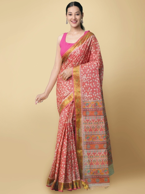 

Unnati Silks Red & White Ethnic Motifs Block Printed Jute Cotton Kasavu Saree