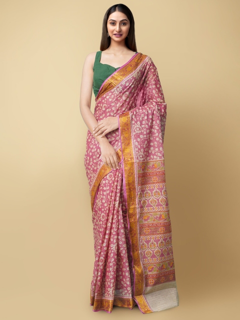 

Unnati Silks Pink Floral Block Printed Jute Cotton Kasavu Saree