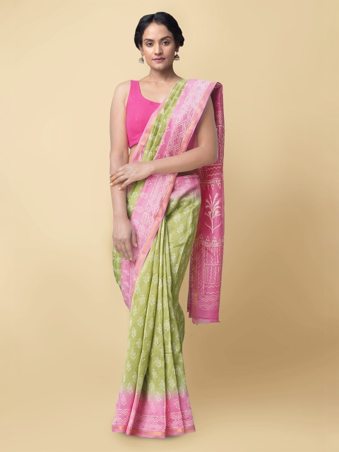 

Unnati Silks Green & Pink Ethnic Motifs Block Printed Silk Cotton Chanderi Saree