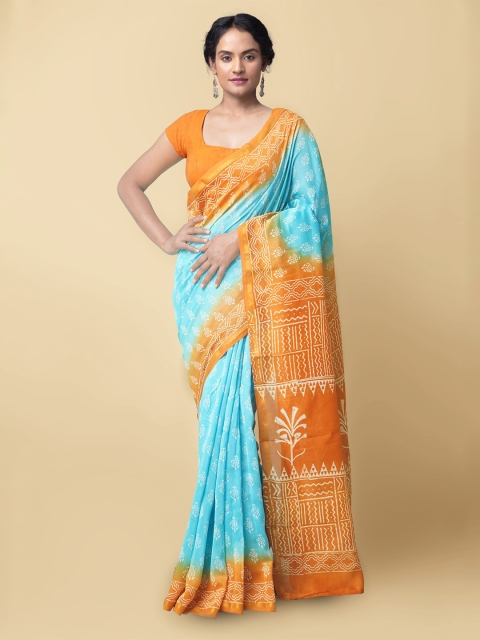 

Unnati Silks Women Turquoise Blue & Orange Pure Block Printed Chanderi Sico Saree