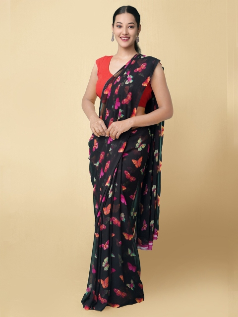 

Unnati Silks Black & Pink Butterfly Printed Poly Chiffon Patola Saree