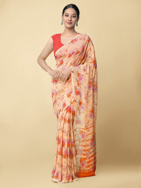 

Unnati Silks Peach-Coloured Floral Poly Chiffon Patola Saree