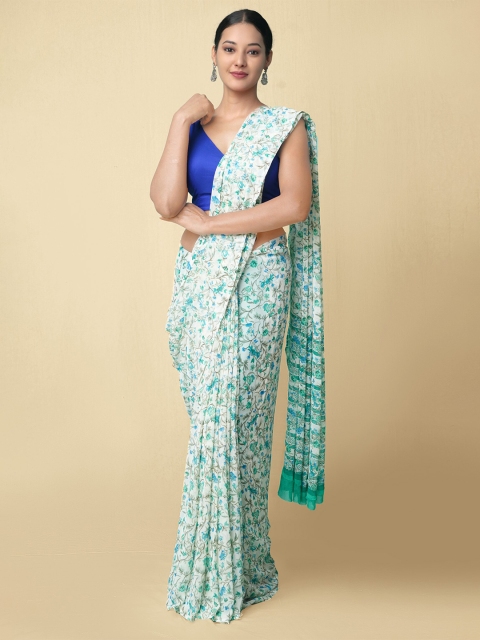 

Unnati Silks Cream-Coloured & Green Floral Poly Chiffon Patola Saree