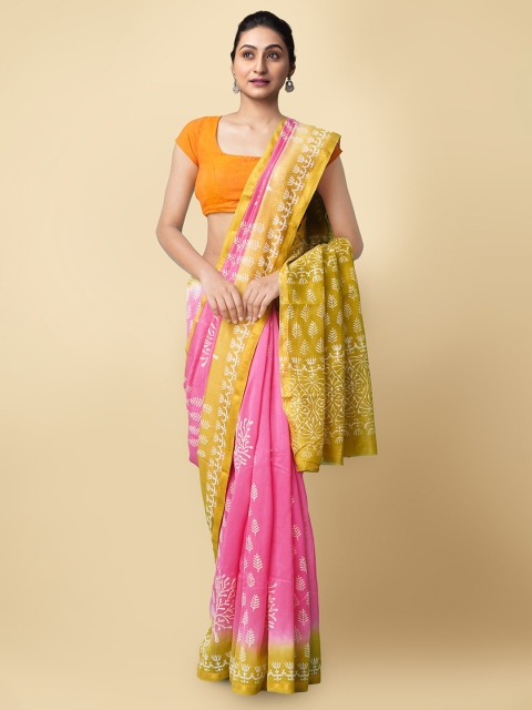 

Unnati Silks Pink & Yellow Ethnic Motifs Block Printed Silk Cotton Chanderi Saree