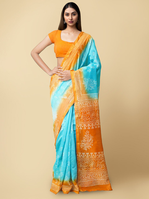 

Unnati Silks Turquoise Blue & Orange Block Printed Silk Cotton Chanderi Saree