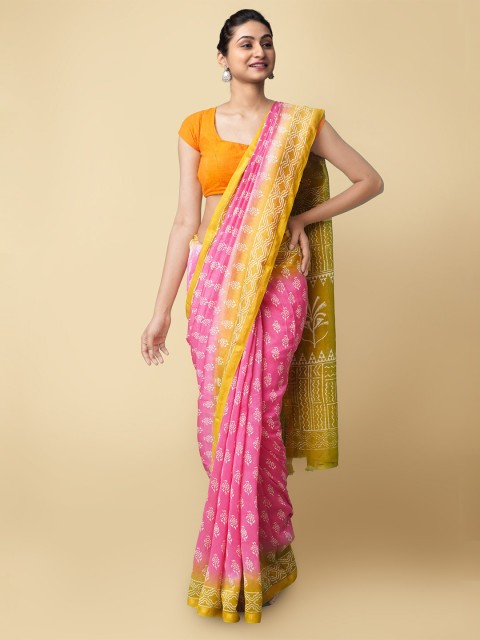 

Unnati Silks Pink & Mustard Ethnic Motifs Block Printed Silk Cotton Chanderi Saree