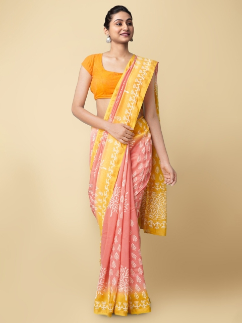 

Unnati Silks Pink & Yellow Ethnic Motifs Block Printed Silk Cotton Chanderi Saree