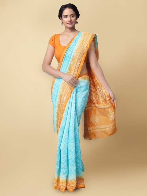 

Unnati Silks Women Blue & Orange Pure Block Printed Chanderi Sico Sustainable Saree