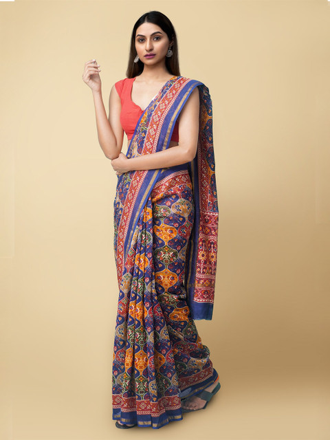 

Unnati Silks Blue & Red Silk Cotton Chanderi Saree