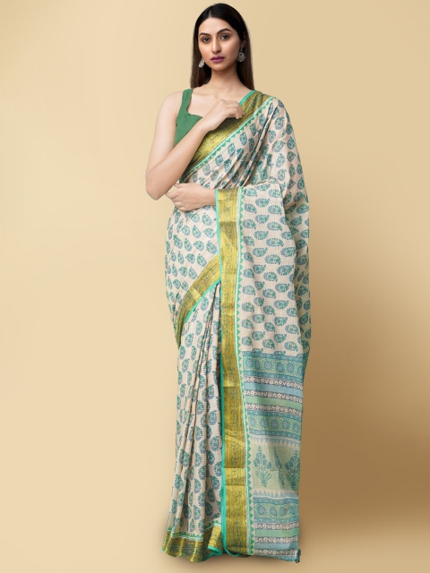 

Unnati Silks Beige & Green Floral Jute Cotton Saree