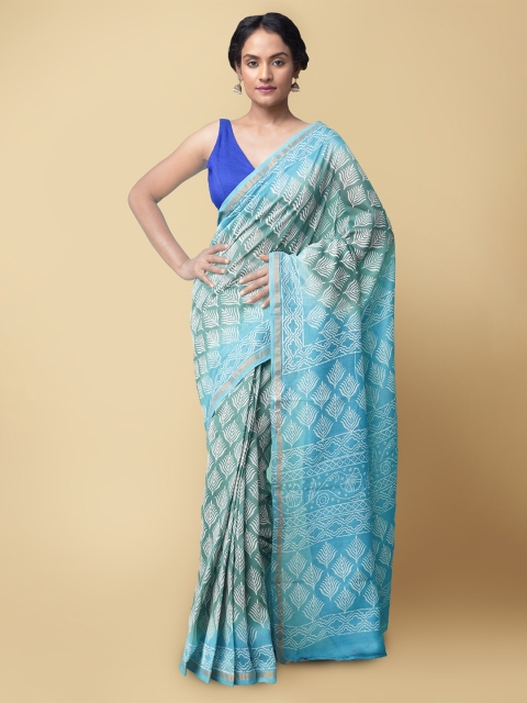 

Unnati Silks Sea Green & White Floral Silk Cotton Chanderi Saree