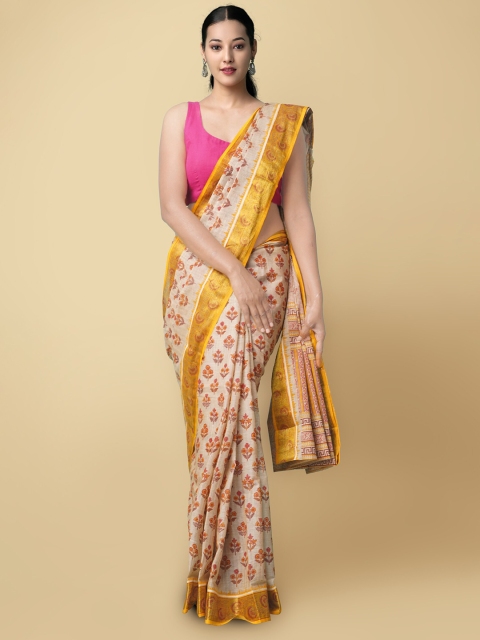 

Unnati Silks Women Beige & Yellow Block Printed Kerala Jute Cotton Saree