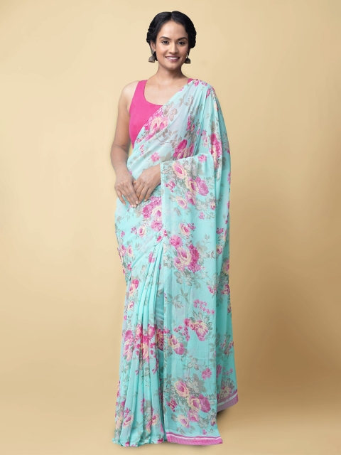 

Unnati Silks Turquoise Blue & Pink Floral Chiffon Saree