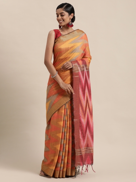 

swatika Yellow Woven Design Zari Linen Blend Ikat Saree