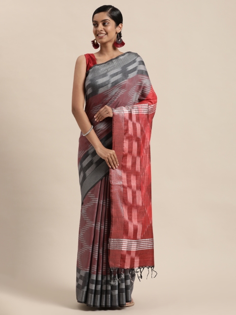 

swatika Grey & Red Woven Design Zari Linen Blend Ikat Saree