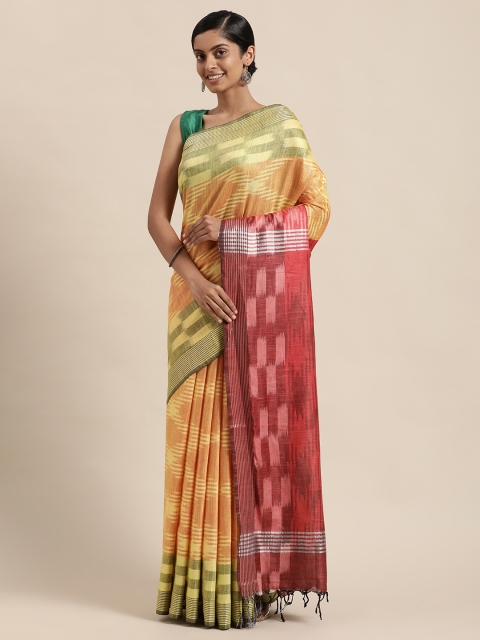 

swatika Yellow & Red Woven Design Zari Linen Blend Ikat Saree