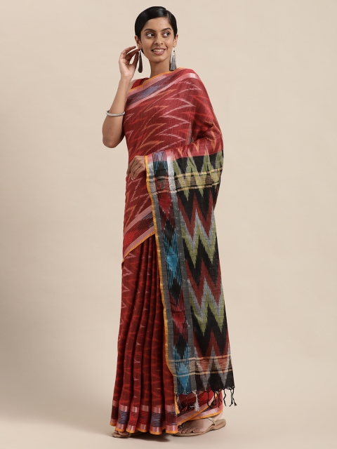 

swatika Maroon Woven Design Zari Linen Blend Ikat Saree