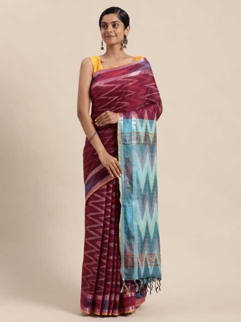 

swatika Pink & Blue Woven Design Zari Linen Blend Ikat Saree