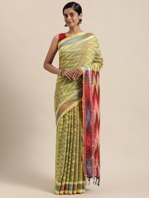 

swatika Yellow & Red Woven Design Zari Linen Blend Ikat Saree