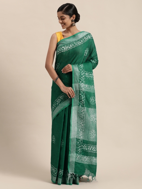 

swatika Green Batik Zari Linen Blend Bhagalpuri Saree