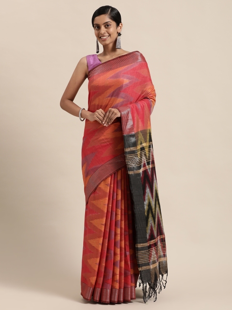 

swatika Orange & Black Woven Design Zari Linen Blend Ikat Saree