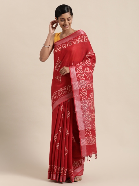 

swatika Red Batik Zari Linen Blend Bhagalpuri Saree