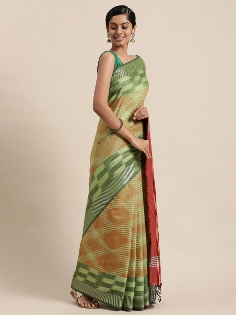 

swatika Green & Red Woven Design Zari Linen Blend Ikat Saree